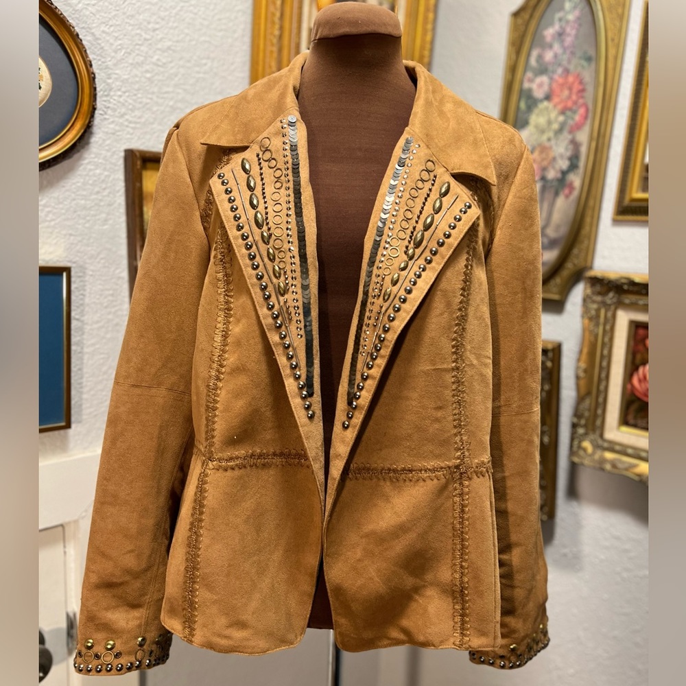 Chico's, brown faux suede jacket, embellished, size XS